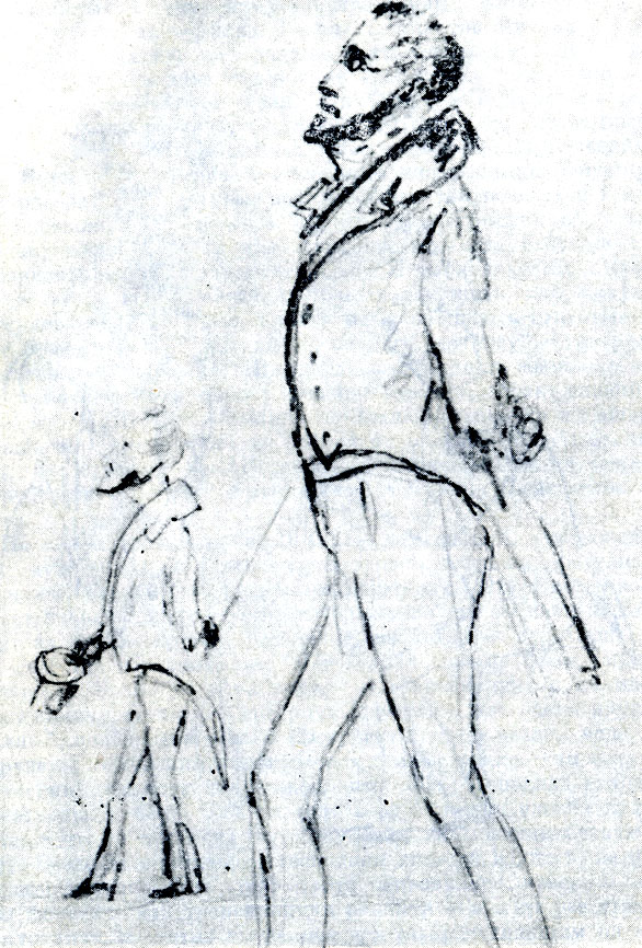 Двое прогуливающихся штатских. Рисунок М. Ю. Лермонтова. Карандаш (с. 101)