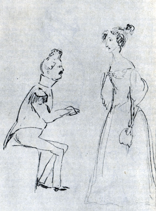 Сидящий офицер и стоящая перед ним женщина. Рисунок М. Ю. Лермонтова. Карандаш (с. 102)