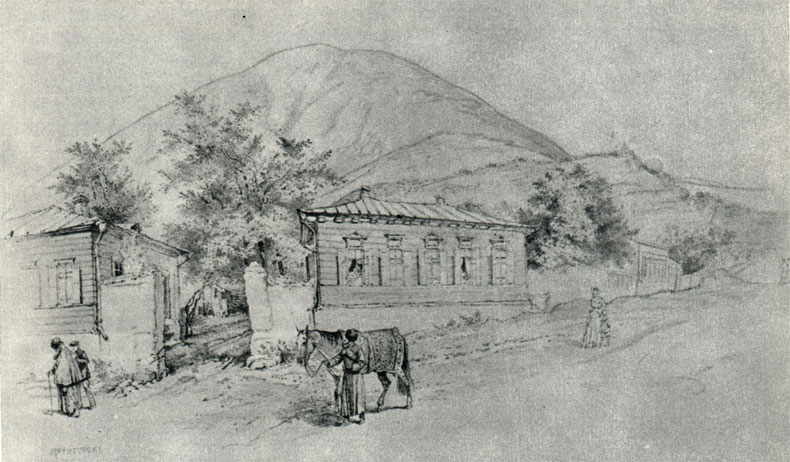 Пятигорск. Улица вдоль бульвара. Рисунок М А. Зичи. 1881