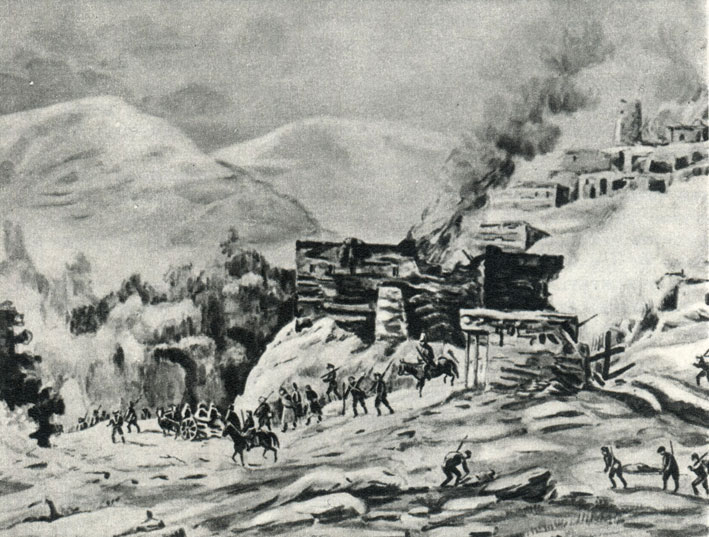 Уничтожение аула. Рисунок из альбома офицера Тенгинского полка Д. М. Геевского